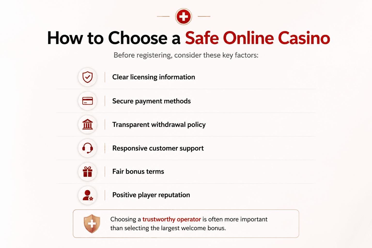 How to choose a safe online casino infographic featuring casino licensing, secure payments, transparent withdrawals, fair bonus terms, customer support, and player reputation for trusted Swiss online casinos.