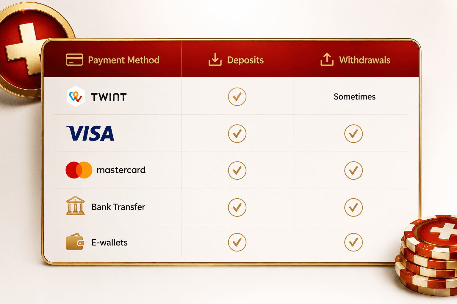 Premium 3D illustration of Swiss online casino payment methods showing TWINT, Visa, Mastercard, bank transfer and e-wallet deposit and withdrawal options with luxury red and gold casino elements on a clean white background.