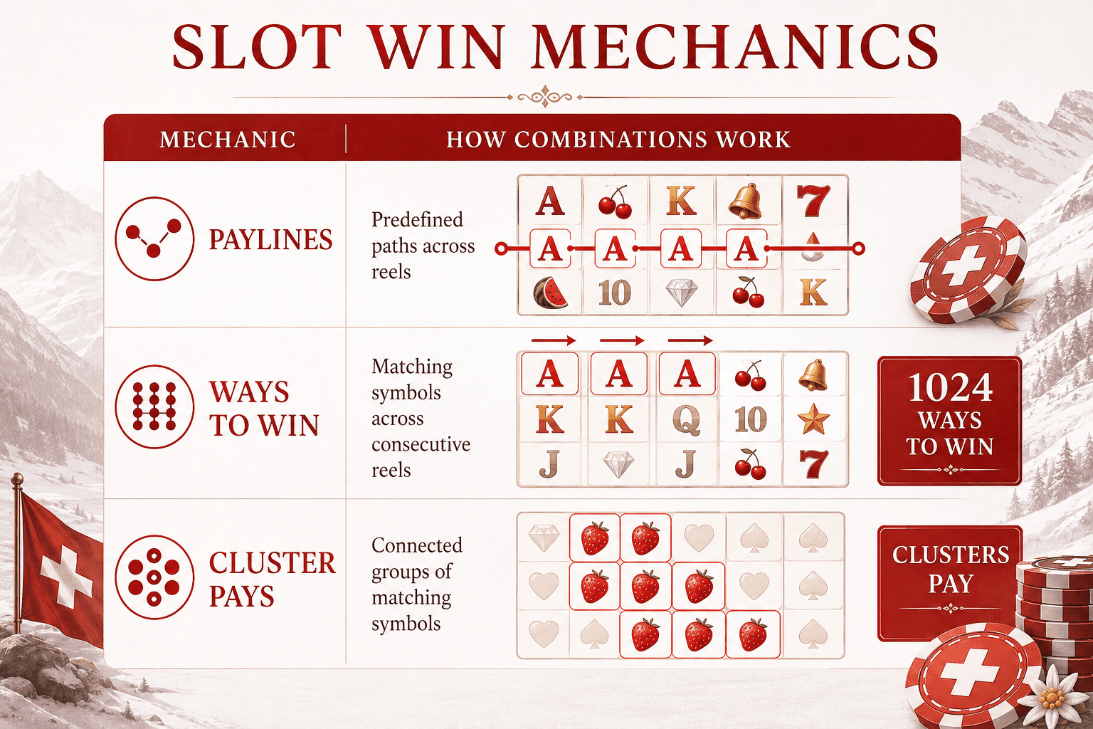 Paylines vs Ways to Win vs Cluster Pays infographic explaining online slot win mechanics, with Swiss-themed casino graphics, slot reels, paylines, matching symbols, cluster combinations, red and white design, and serif typography.