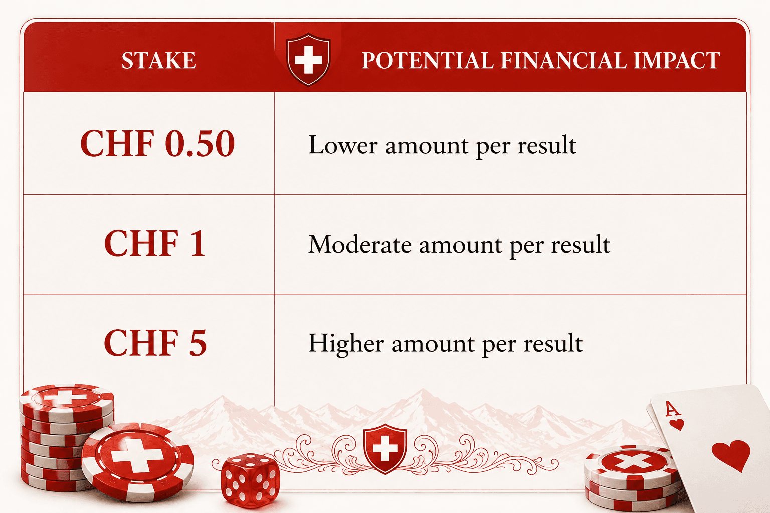 Swiss online casino stake comparison infographic showing CHF 0.50, CHF 1 and CHF 5 bet amounts with lower, moderate and higher potential financial impact, in a red and white casino design with Swiss flag, poker chips, dice and playing cards.