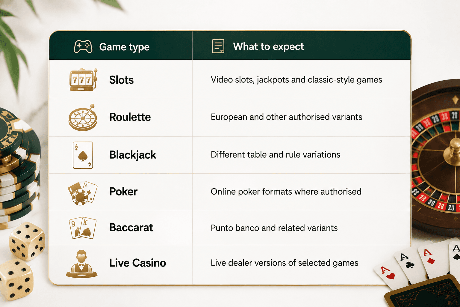 Online casino games infographic showing slots, roulette, blackjack, poker, baccarat and live casino games, with descriptions of available game types and authorised online casino formats.